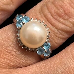 Elegant Pearl and Blue topaz and white topaz ring